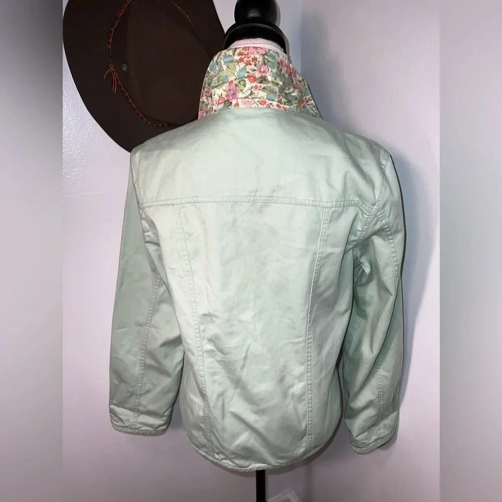 Orvis, S, vintage, pale green w/ floral lining logo button front collared jacket